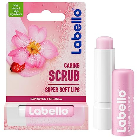 LABELLO Stick lèvres gommage hydratant (1 x 5,5 ml), exfoliant lèvres aux particules de sucre, soin nourrissant à l'huile d'églantier & à la vitamine E