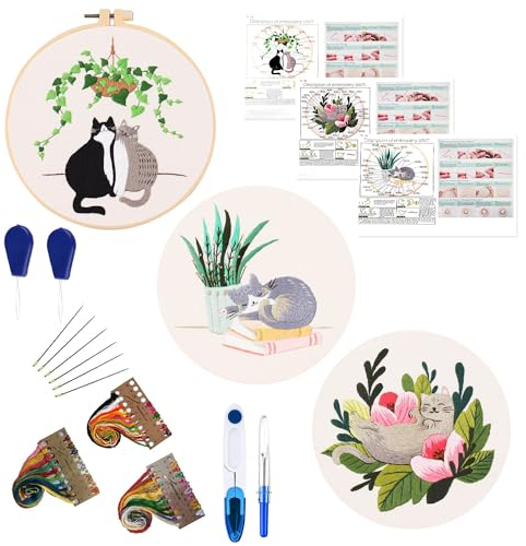 W Rxkiocs Stickerei Kit Stickset Für Anfänger DIY Kreuzstich Set Katze Muster Stickerei Werkzeugsatz Mit Verstellbarer Stickrahmen Sticknadel Farbe Embroidery Thread