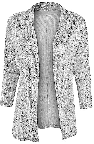 Duohropke Chaqueta de lentejuelas brillantes para mujer, manga larga, bolero, tops, elegante, blazer brillante, fiesta, ropa de club, plata, XL