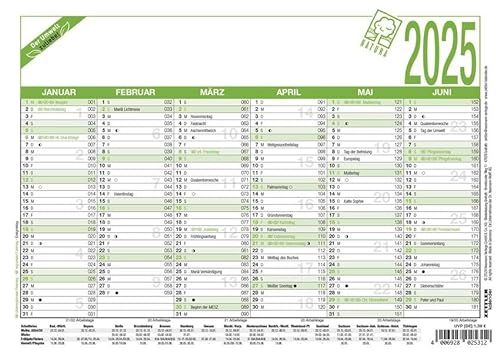 Zettler - Arbeitstagekalender Recycling 2025 weiß/rot, 21x14,8cm, Kalender mit Monatsübersicht, 6 Monate auf 1 Seite, Blauer Engel, Arbeitstage-, Tages- und Wochenzählung und deutsches Kalendarium