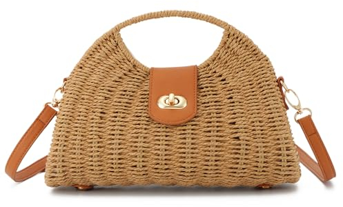 EVEOUT Sac à bandoulière Paille Femme Boho Chic Sac à Main Panier été en Rotin Tissé pour Plage Vacances(Marron clair 02)