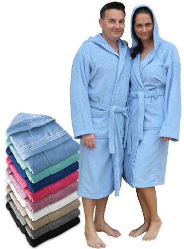 LEBENGOOD Peignoir de bain à capuche, pour femme et homme 100% coton éponge 400 g avec ceinture, poches, douche, peignoir doux, serviette