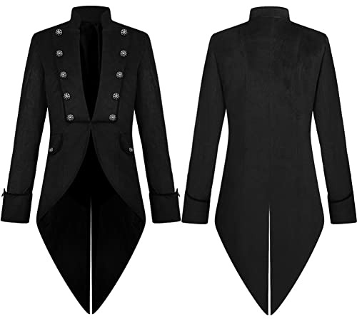 AGYMNX Steam Punk Men's Jacket Velvet Gothic Tailcoat Steampunk Coat Rock Medieval Victorian Uniform Long Tuxedo for Men Halloween Costume Carnival Party Cosplay Clothing, black, S