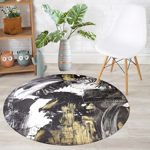 Hearda Teppich Rund Reppich Schlafzimmer, Innenbereich 3D Abstraktion Teppich Waschbarer rutschfest Teppich Flanell Flur Teppich für Wohnzimmer, Kinderzimmer, Büro (Schwarz Gold 1,60cm)