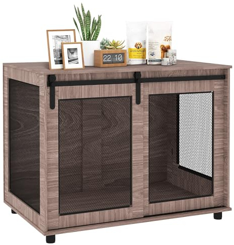 PawHut Dog Crate Furniture, Dog Cage End Table with Sliding Door, Pet Kennel for Large Breeds, 98 x 60 x 78cm, Walnut Brown
