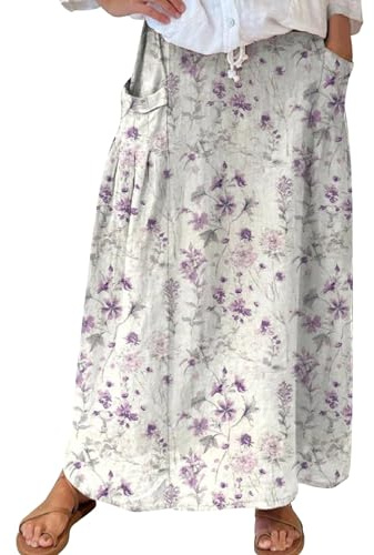 Damkjol linnekjol lång maxikjol bomull linne sommarkjol lätt fritidskjol vintage knälång elegant bohorock blommor A-linje strandkjol med fickor omlottkjol hög midja knälång, Vit, 3XL