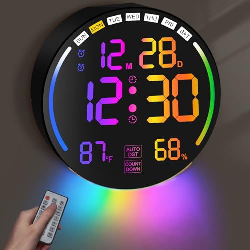 Orologio da Parete Digitale 26cm LED Grande Display,Orologio da Muro Digitale con 10 Colori RGB, Doppi Allarmi,10 Livelli di Luminosità, Auto DST,Timer per Conto Alla Rovescia/Giorno per Vari Scenari