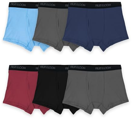 Fruit of the Loom Men's 4-Way Stretch Boxer Briefs | Lightweight & Moisture Wicking Underwear | Long, Regular Leg & Trunk, Trunk - 6 Pack - Assorted Solids, Medium