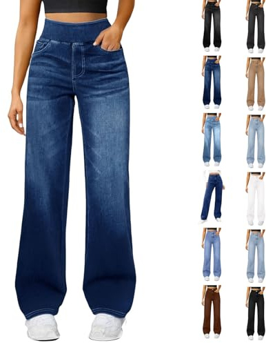 Generico Jeans Donna Larghi Jeans Donna Vita Alta a Gamba Larga in Tessuto Morbido ed Elastico, Modello Comfort con Dritta e Passanti per Cintura, Facili Zampa
