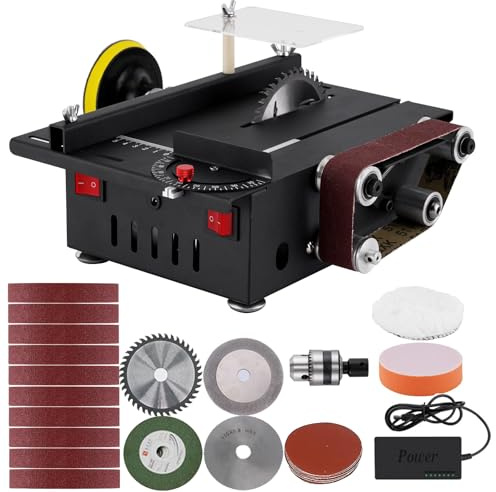 Mini sierra circular sobre mesa con lijadora de correa y 4 cuchillas, 300 W, velocidad ajustable, grosor de corte de 0,1 a 30 mm, para manualidades y carpintería hecha a mano de madera