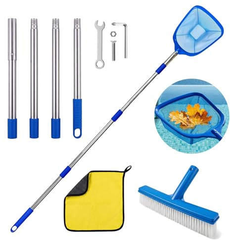 FainFun Red Recogehojas Piscina, Recoge Hojas para Piscinas con Pértiga Telescópica, Compuerta Skimmer Piscina, Herramientas, Limpiafondos Manual, para Piscinas, Bañeras, Fuente, Pecera (BLU 4)
