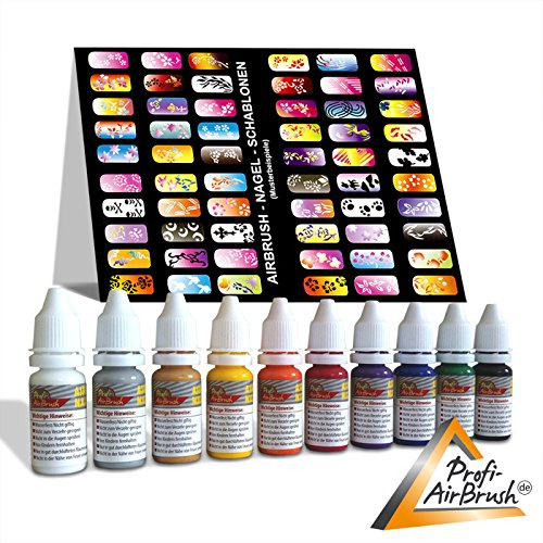 Lot de 10 couleurs pour Airbrush aérographe Nail Design – Aérographe couleur pour les ongles, bedingt Convient également pour aérographe Tattoo Aérographe, dans le modélisme – Aérographe Couleurs et de pochoirs set – Couleurs diluable à l'eau – avec 6 x 13 pochoirs avec jolis motifs pour design d'ongles créatif
