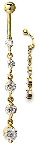 COOLSTEELANDBEYOND 18K Gold-Plated Color Belly Chain Button Ring Body Jewelry Piercing Navel Ring with Long Dangle Cubic Zirconia