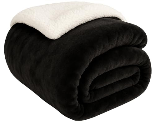 EDS Sherpa Fleece Blanket Throw Dual Sided Plush Fabric Extra Soft Thermal Fluffy Blanket Sherpa Throws for Bed and Sofa Improves Sleep - Black Double 150 X 200