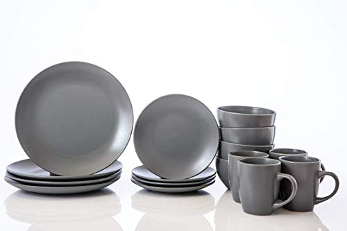 HOMD 16-Pieces Stoneware Dinnerware Set, Dinner Set, Kitchen Dinnerware Ceramic Crockery Set, Dinner Service Set for 4, Include Dinner Plate, Dessert Plate, Cereal Bowl and Mug. (Gentleman Grey)