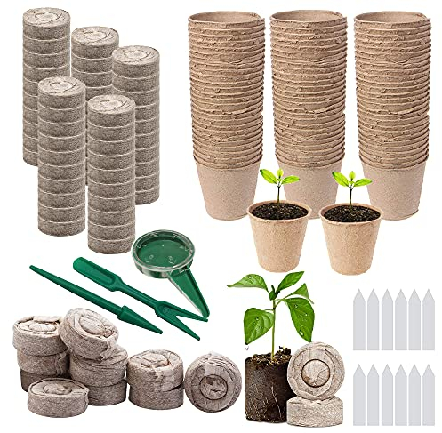 Woohome 202 Pz Vasi Biodegradabili da Giardino e Terreno per La sSmina di Pellet di Torba, Vaso per Semi in Fibra Biodegradabile per Piantine Etichetta Trapianto per Gli Antipasti di Piante Domestiche