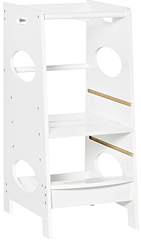 HOMCOM Torre de Aprendizaje de Madera para Niños Taburete de Cocina Infantil con Pedal Altura Ajustable en 3 Posiciones y Barra de Seguridad 40x50x90 cm Blanco