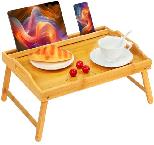 Vassoio da letto Vassoio da colazione Vassoio da portata in bambù Letto Laptap Gambe con maniglie e supporti per telefono