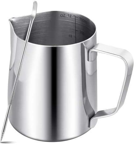 Pichet Mousseur à Lait pour Machine à Café,Pichet à Lait en Acier Inox 304 de 350 ml/12 oz,Accessoires de Barista en Métal pour Cappuccino Latte et Expresso,Passe au Lave-vaisselle