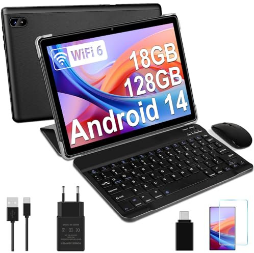 DMOAO Tablet 10 Pulgadas Android 14 con 5G Wi-Fi 6, HD Tablet con 18GB RAM + 128GB ROM (TF 1TB), Widevine L1, 8 Cores 1.8 GHz, BT 5.0, 6000mAh USB-C, Teclado + Ratón + Funda, Nero