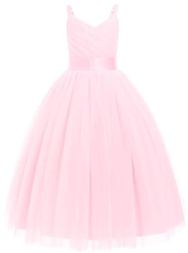 Flower Girls Princess Pleated Long Dress Wedding Bridesmaid Prom Ball Gown Dresses Embroidered Floral Lace Elegant V Neck Dress Pink 140