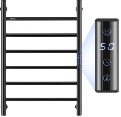 VEVOR Radiateur Sèche-Serviettes Électrique 6 Barres, Porte-Serviettes Chauffant Mural, Chauffe-Serviettes à Température Réglable, Étanche IPX5, avec Minuterie et Écran LED, Salle de Bain, Noir