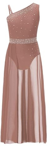 Runhomal Enfant Fille Robe Danse Lyrique Classique sans Manches Strass Scintillant Robe de Danse Fluide Rouge 5-16 Ans Rose poussiéreux 11-12 Ans