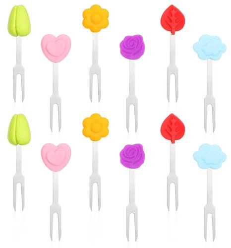 Yuanchu Set di 12 forchette da frutta per bambini, in acciaio inox, riutilizzabili, con manico in silicone, dolci forchette da dessert, forchette da dolce, forchette da pasticceria, forchette per casa