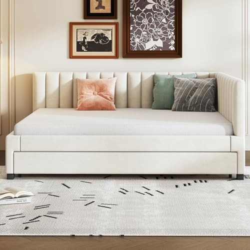 Moimhear Cama tapizada, 140 x 200 cm, sofá cama extensible, cama multifunción con somier, camas juveniles, camas de invitados, tela de terciopelo (beige)