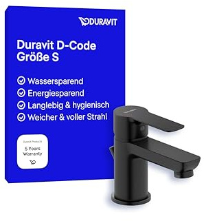 Duravit D-kod tvättställskran, storlek S (pip höjd 125 mm), energisparande handfatskran (FreshStart), vattenbesparande kran (MinusFlow), med dragstång avloppsarmatur, svart matt