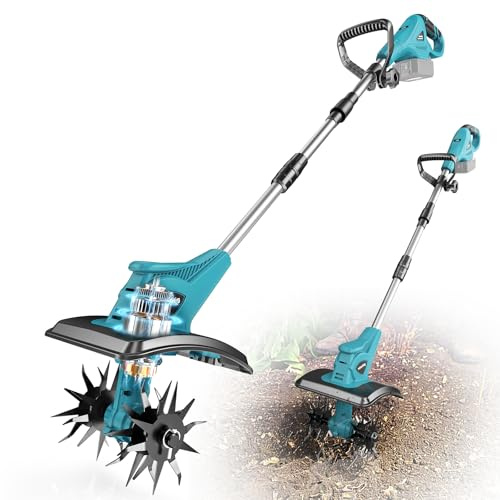 Cordless Tiller Cultivator Compatible with Makita 18V, Tiller for Gardening 360RPM Electric Garden Tiller, Brushless Rototiller 9 Width 6.3 Depth for Lawn/Soil Cultivation (No Battery), Blue