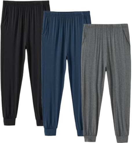MoFiz Pantaloni Lunghi con Polsini Uomo Modal Pigiama Pantaloni Morbidi con Tasche 3 Pezzi-A XXL