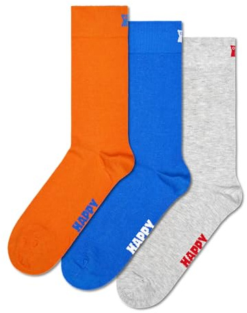 Happy Socks Classic Crew Socken für Damen und Herren – Einfarbig Blau, Orange & Grau – 3er-Pack, Größe 36–40