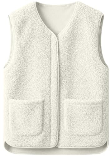 CheChury Fleeceväst Dam Teddyjacka Kläder Väst Elegant Vinter Sport Värmeväst Med Dragkedja Ärmlös Väst Teddyjacka V-ringad Höst Fleeceväst Fickor, Beige, M