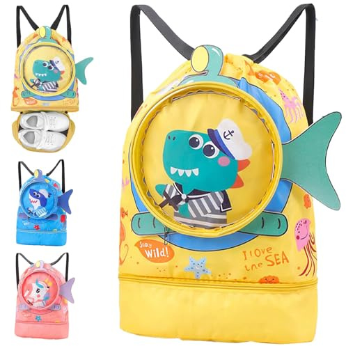KORVANO Mochila Deportiva Cocodrilo para Niños, Bolsa de Natación de Gran Capacidad con Compartimento Separado para Calzado, Mochila Deportiva Impermeable Seco/Húmedo