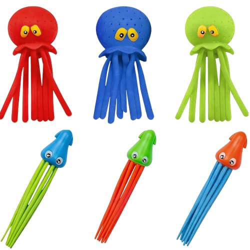 6 Pcs Octopus Squishy, Squid, Dual-Function Diving Toys, Soft Squishy Octopus Water Play Set, Floating Squirting & Sinking Pool Toys for Summer Swimming Pool, Beach and Bathroom Water Activities