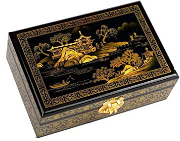 lachineuse - Boite à Bijoux Paysage Chinois Pékin Beijing - Noir & Or Doré - Coffret Rangement à Bijoux & Secrets en Bois Laqué - Déco Asiatique - Coffret Cadeau Femme - Idée Cadeau - 21x14x7 CM