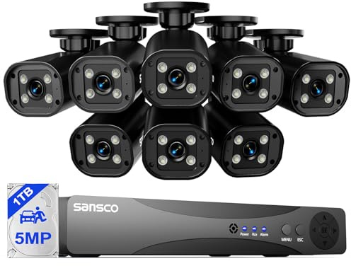 SANSCO 2-Way Audio, 3K Color Night Vision, 8CH DVR Wired CCTV Camera System with 1TB Hard Drive, 24/7 Recording, 8 x 5MP Home Security Camera Outdoor, Face/Human/Vehicle Detection, IP67, Dual Light