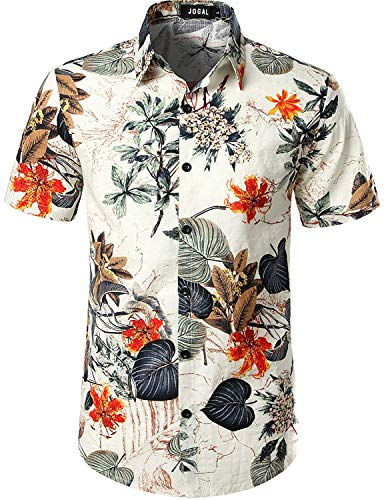 JOGAL Herren Casual Floral Blumenmuster Kurzarm Hawaiihemd Medium Weiß
