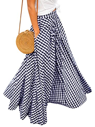 ORANDESIGNE Femmes Rétro Maxi Jupe à Carreaux Basique Plissée Fille Maxi Jupe avec Poches Haute Taille Jupe de Plage Jupe Longue A-Line A Bleu M