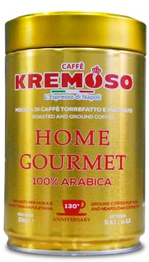 Caffè Kremoso CAFFÈ MACINATO 100% ARABICA per Moka e Napoletana, Miscela HOME GOURMET 100% ARABICA in latta d’alluminio sottovuoto da 250 gr