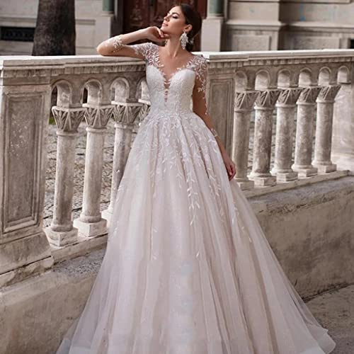 CongMing-huajia Vestito da Sposa Lungo Donna Matrimonio Elegante Schiena Nuda Abito da Sposa in Pizzo A Strascico Applique Bianco 46