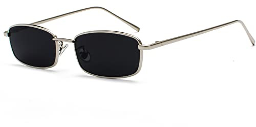 Ggpyyon Lunettes de soleil rectangulaires étroites vintage pour homme et femme - Style rétro années 90 - Petit cadre en métal - Lunettes carrées - Couleurs bonbon, argent/gris