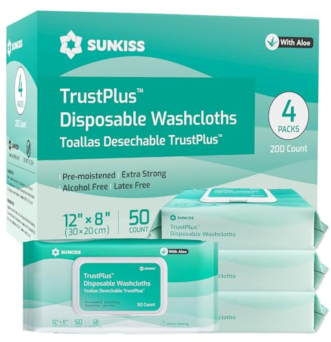 SUNKISS Trustplus Feuchttücher für Erwachsene, Extra Dick 20x30 cm Körperreinigungstücher mit Aloe für ältere Inkontinenz & Reinigung, 200 Stück (4 Packungen mit 50)