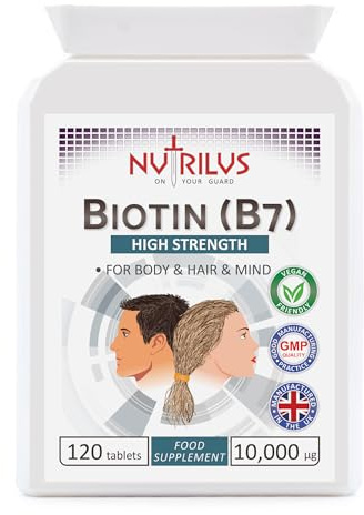 Nutrilus Biotin 120 Tablets 10,000µg - High Dose - Active D-Biotin - One-a-Day - Hair, Skin - Metabolism - Energy