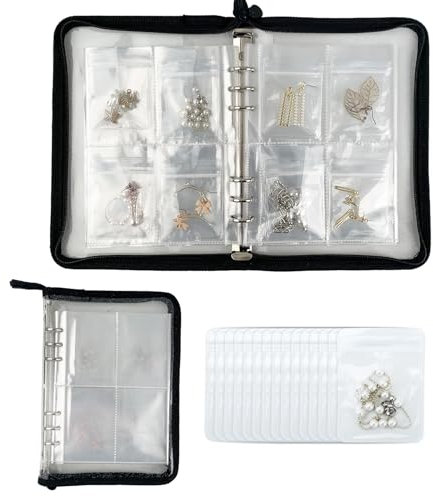 Transparent Jewelry Storage Book Jewellery Organiser with Pockets Earring Storage Jewelry Display Organizer Book Album with 80 Grids+30 Anti-Oxidation PVC Bags for Earring Necklace Rings (black)