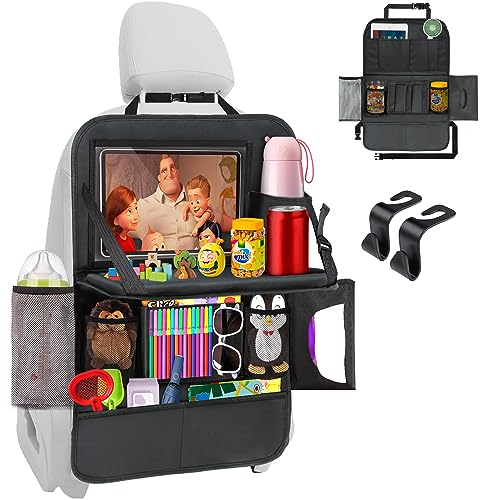 Auriton Rückenlehnenschutz Auto Kinder, Auto Organizer Kinder mit Faltbarer Tischablage, Autositz Organizer mit 13 Zoll Touch Screen Tablet Taschen, Mit 2 Haken
