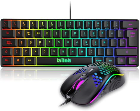 RedThunder Teclado Mecánico Alámbrico Gaming 60%,Retroiluminación RGB Dinámica,Ratón Celular Ligero de 7200 dpi,Teclado Ultra-Compacto 62 Teclas Anti-ghosting,Disposición QWERTY ES,para PC/PS5/Xbox