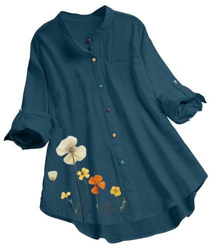 Camisa de Manga Larga Mujer Lino Moda Estampado de Flores Camiseta Blusa Elegante Verano Suelto Casual Cuello en V Tops Fiesta T-Shirt Original Basic tee Talla Grande Transpirable Ligero 2024