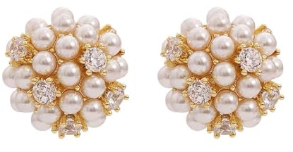 Round Pearl Flower Stud Earrings for Women Girls Sterling Silver Post Gold Plated CZ Crystal Shell Pearl Cluster Bouquet Ball Small Studs Cartilage Piercing Earring Hypoallergenic Jewelry